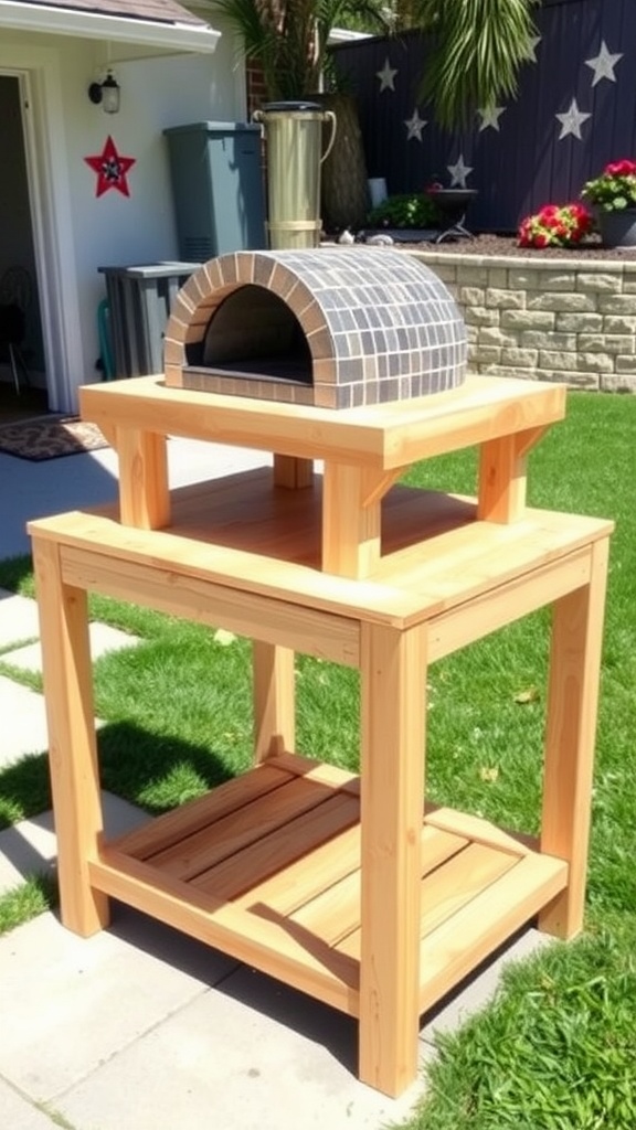 Wooden pizza oven stand in a sunny backyard with pizza oven on top.